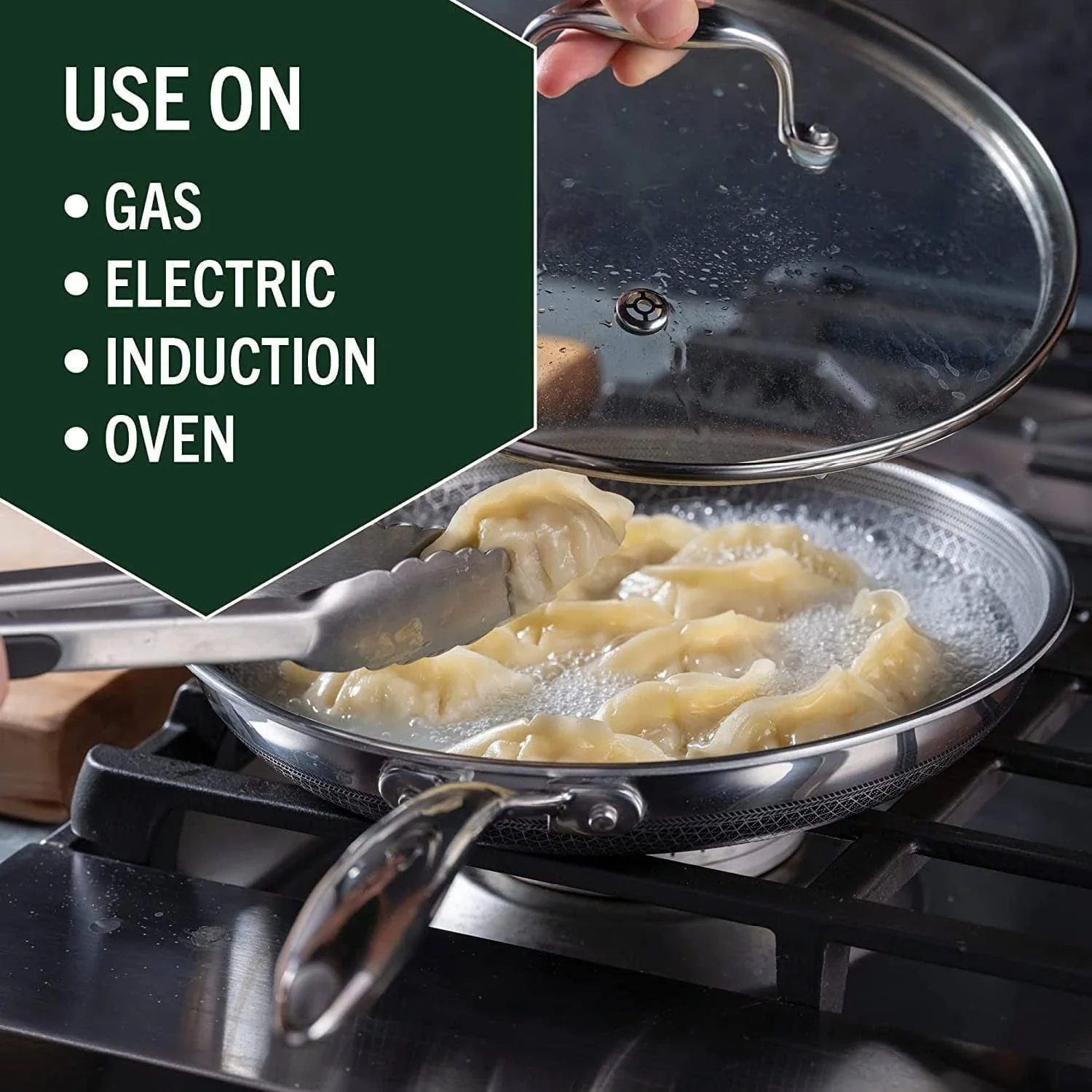 HexClad 6-delige hybride roestvrijstalen kookpannenset 8 inch, 10 inch, 12 inch met glazen deksels, maat: één maat, zwart