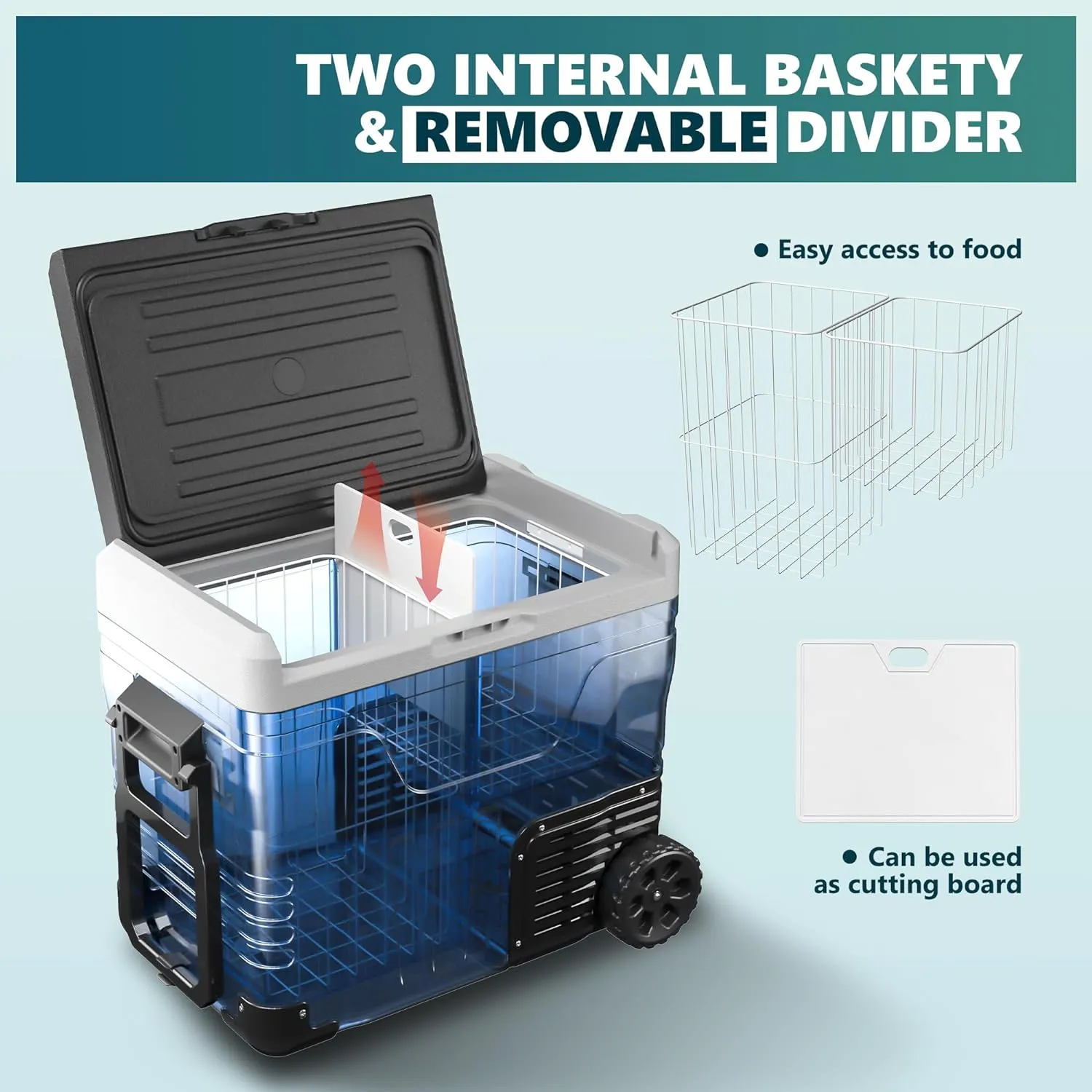 12 Volt Refrigerator, 53QT(50L) Electric Cooler, Portable Freezer 12V/24V DC 110-240V AC, 12V Fridge -4H~68H, 12V Cooler with Wheels & 2 Baskets for Travel, Truck, Boat, Camping