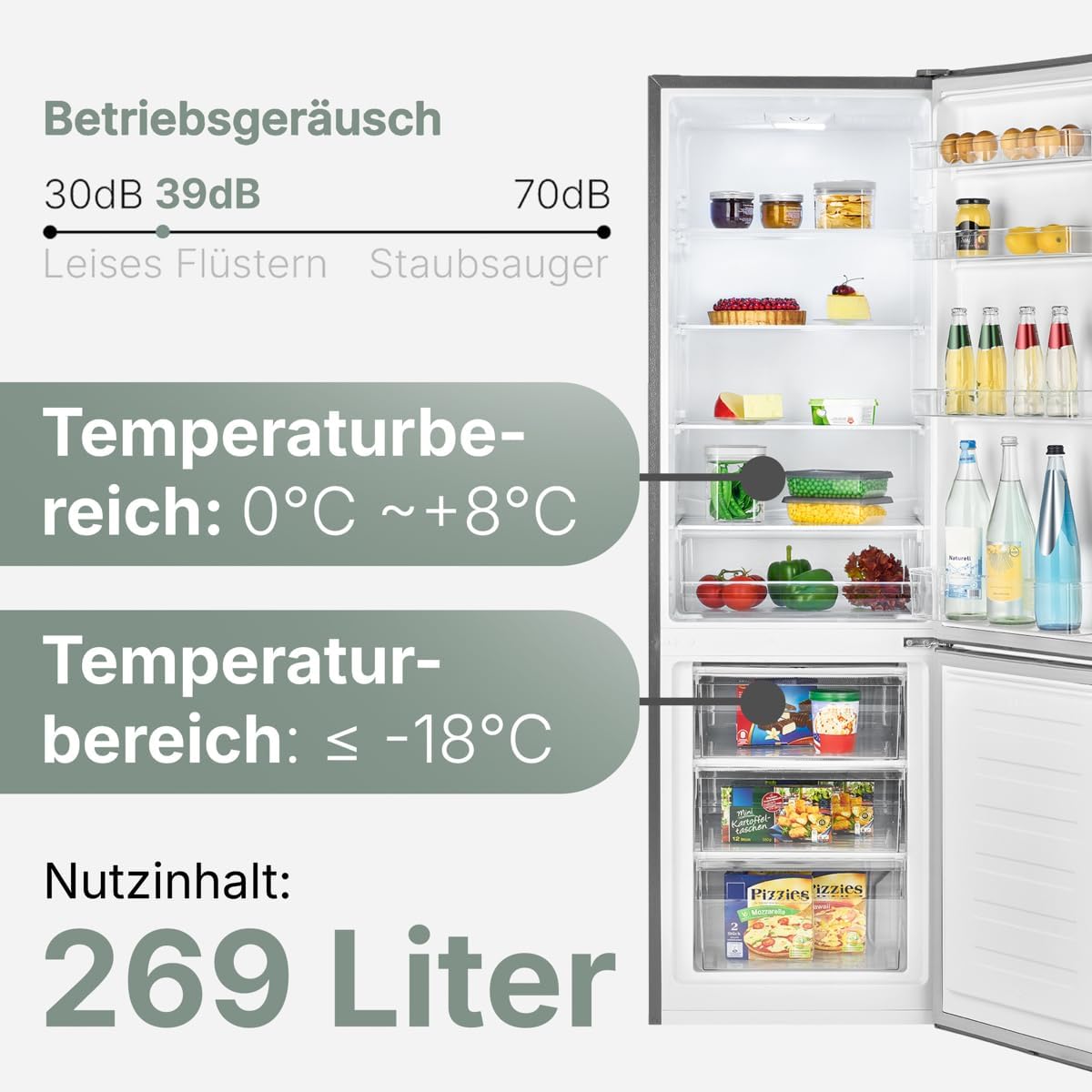 Bomann  Fridge-freezer, 269 l capacity - cooling: 198 L | freezing: 71 l, energy saving, quiet 39 dB, LED, interchangeable door stop, height: 180 x width: 55 x depth: 56 cm - KG 184.1 inox