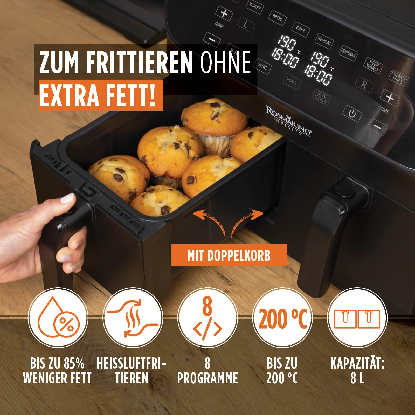 2025 Infinity PRO XXL Airfryer met dubbele manden, 1700 W, 8 L