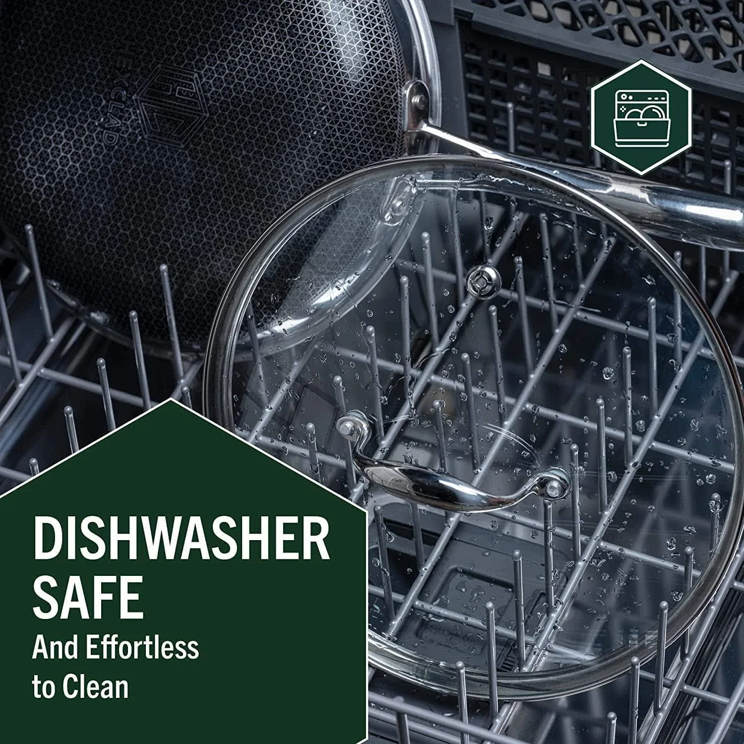 HexClad 6-delige hybride roestvrijstalen kookpannenset 8 inch, 10 inch, 12 inch met glazen deksels, maat: één maat, zwart