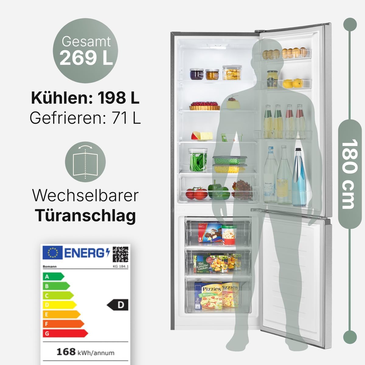 Bomann  Fridge-freezer, 269 l capacity - cooling: 198 L | freezing: 71 l, energy saving, quiet 39 dB, LED, interchangeable door stop, height: 180 x width: 55 x depth: 56 cm - KG 184.1 inox