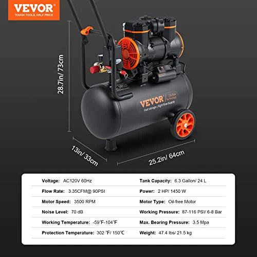 VEVOR 6,3 Gallon Luchtcompressor, 2 HP, 3,35 CFM, Tank en Olievrije Luchtcompressor