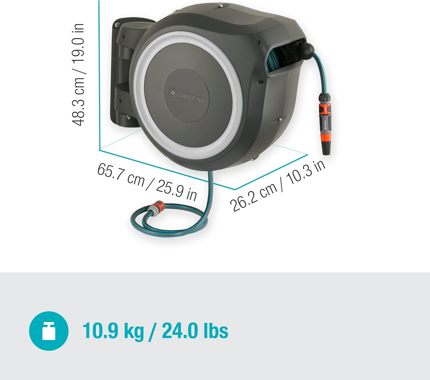 Gardena Wall-Mounted Hose Box RollUp M/L (White) 25 m: Flexible Watering for Medium to Large Gardens, Swivelling Hose Box, Includes 25 m Gardena Quality Hose and Mounting Tool (18622-20)