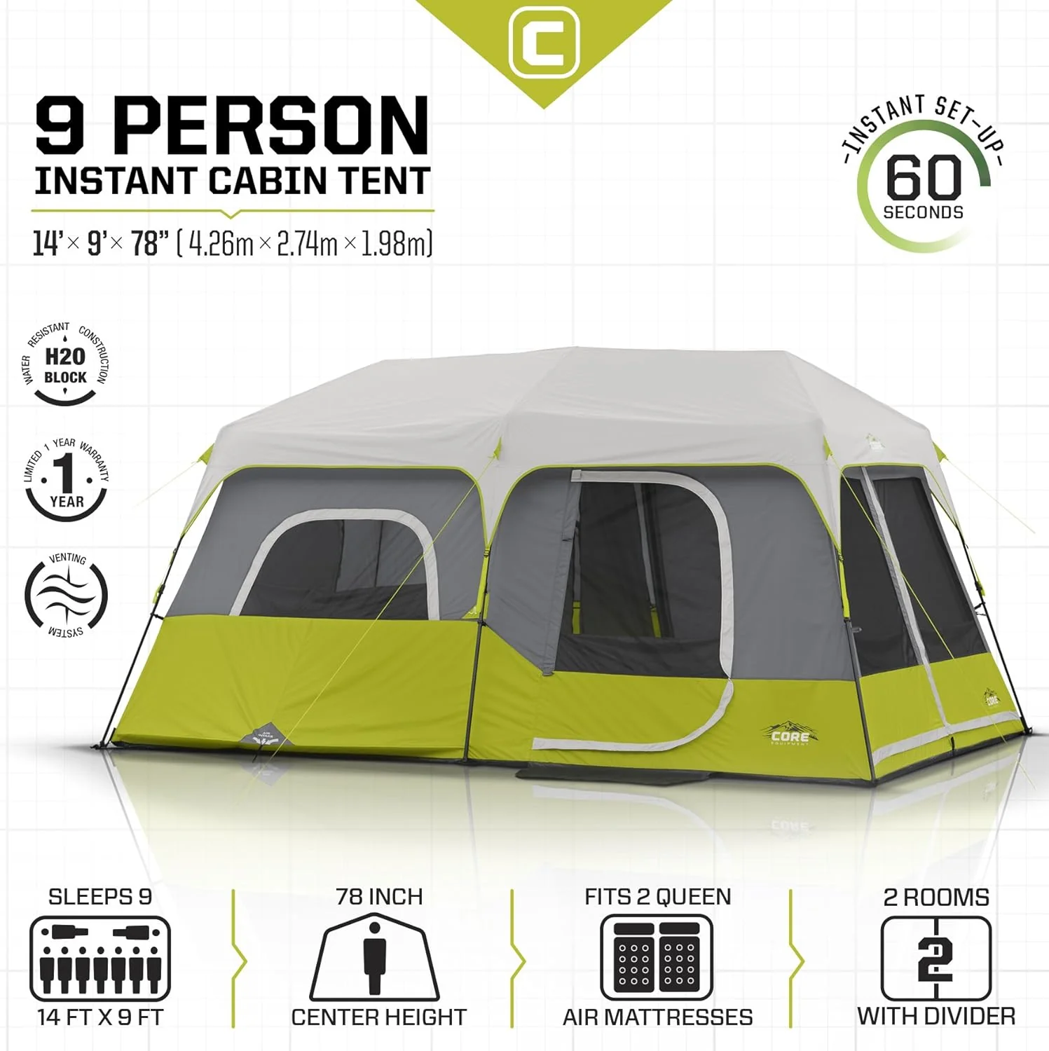 Core 9-persoons Instant Cabin-tent - 14' x 9', groen (40008)