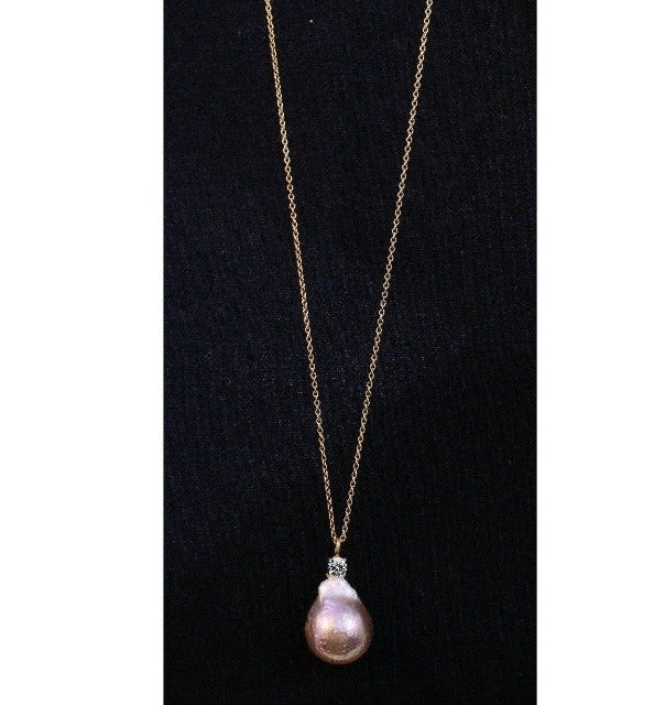 Diamond Veneer Cubic Zirconia genuine Baroque Pearl Pendant Necklace. 635N30P