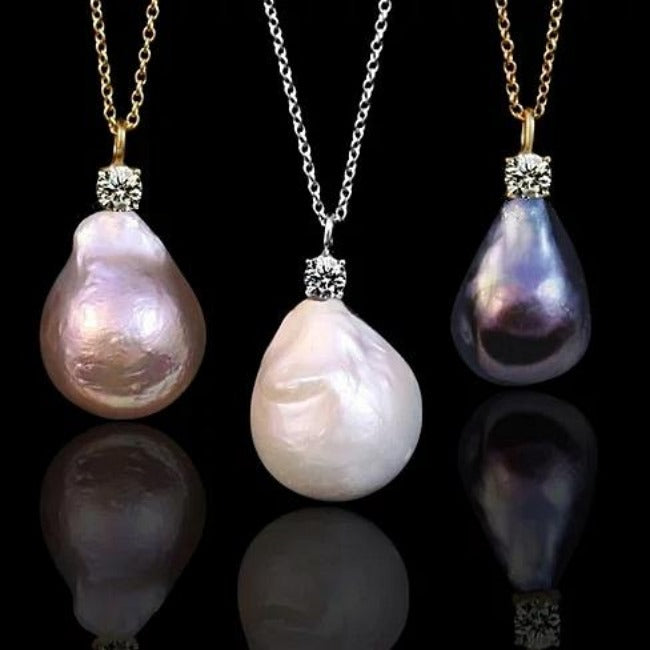 Diamond Veneer Cubic Zirconia genuine Baroque Pearl Pendant Necklace. 635N30P