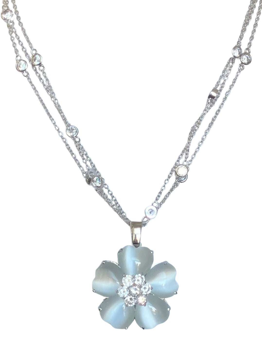 Zirconite Cubic Zirconia w/Cat's Eye Heart Flower Necklace. 626P20011