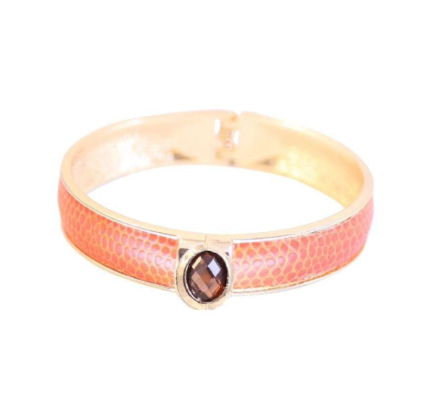 Zirconite Oval jeweled leather hinged Bracelet Bangle. 629B82033