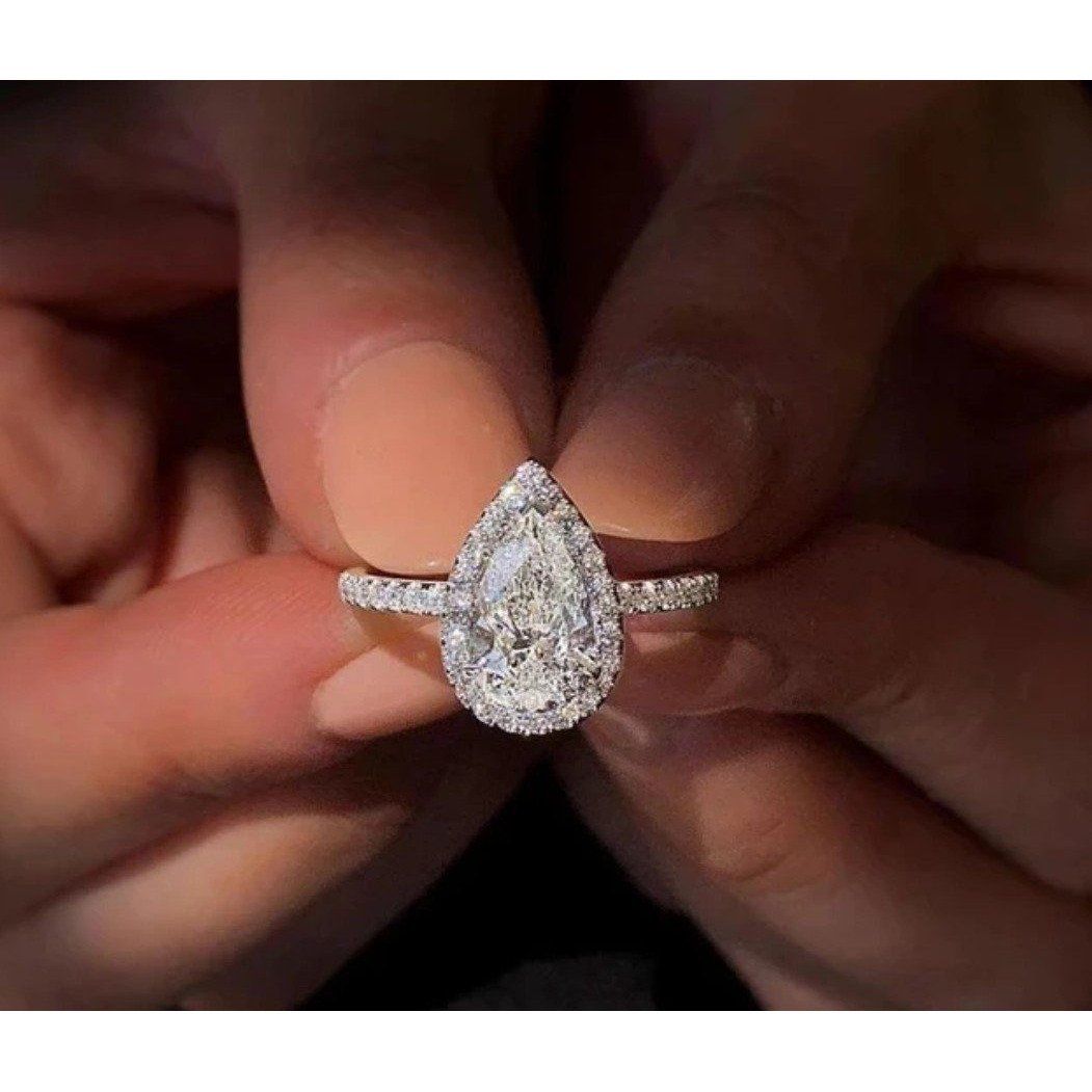 4CT Pear Diamond Veneer Cubic Zirconia halo 14K Gold Ring. 635R71421K
