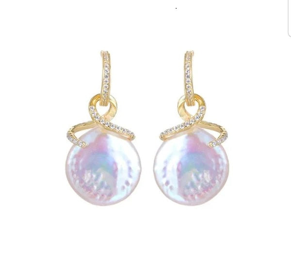 Genuine Fresh water Pearl Coin Zirconite Earrings. 810E12