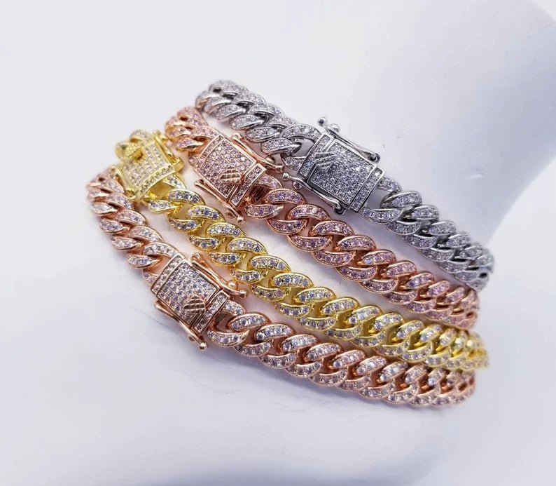 Cuban Cubic Zirconia pave Curved Link Bracelet. Zirconite 818B