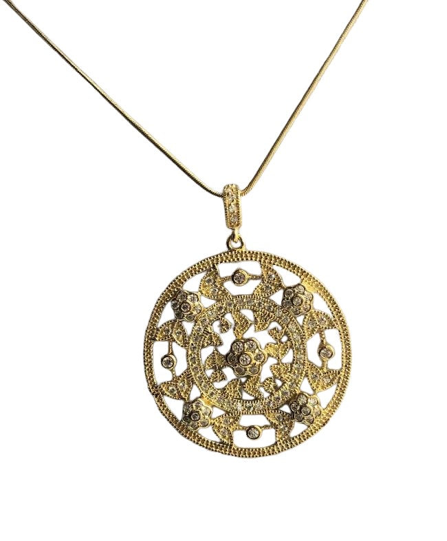 Oversized Round w/Flower motifs Zirconite Cubic Zirconia Medallion Sterling Silver Pendant. STP 143