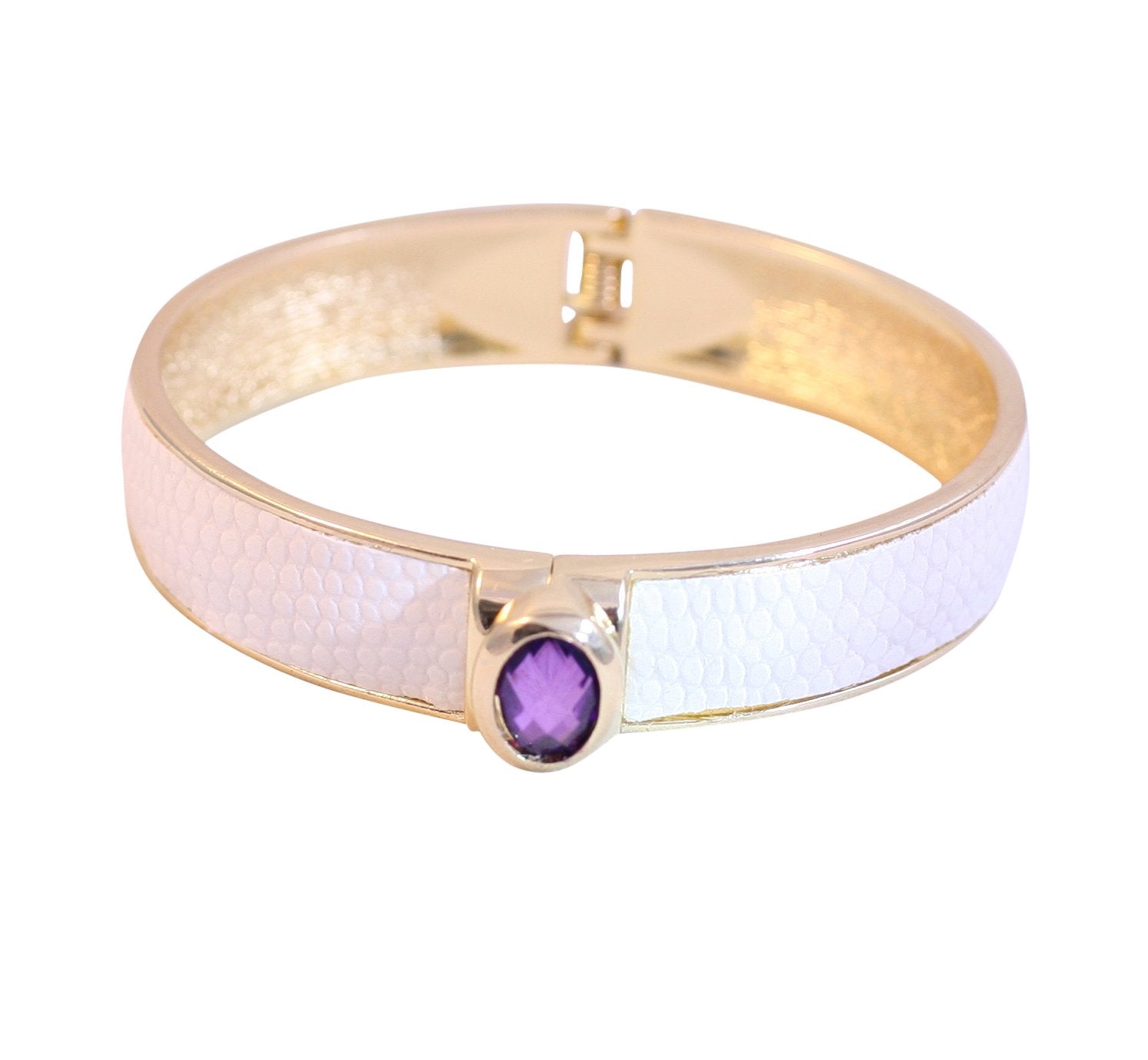 Zirconite Oval jeweled leather hinged Bracelet Bangle. 629B82033