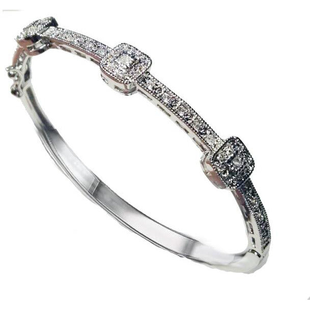 Hinged Zirconite Cubic Zirconia 3-square Stations Rhodium Bangle Bracelet.698B004