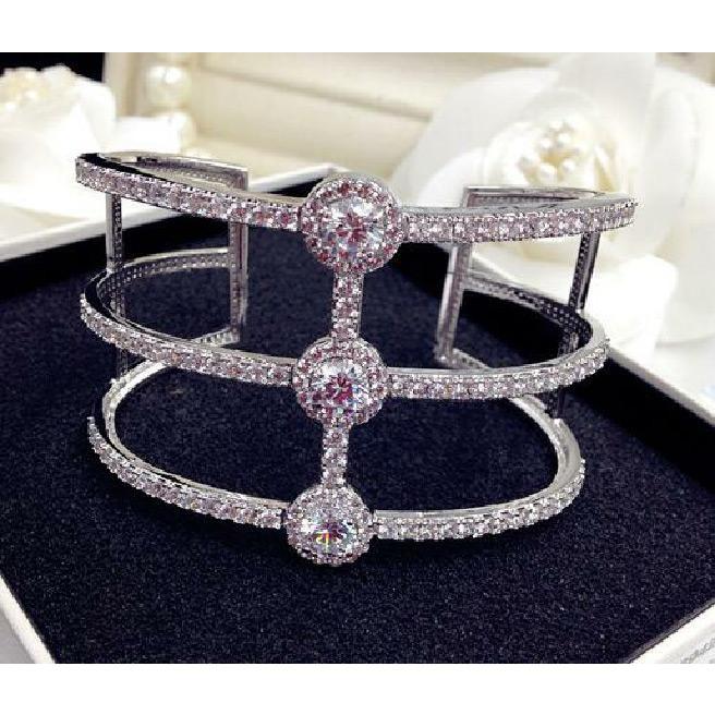 Open Ends Zirconite Cubic Zirconia Rhodium Bangle Bracelet. 698B2094