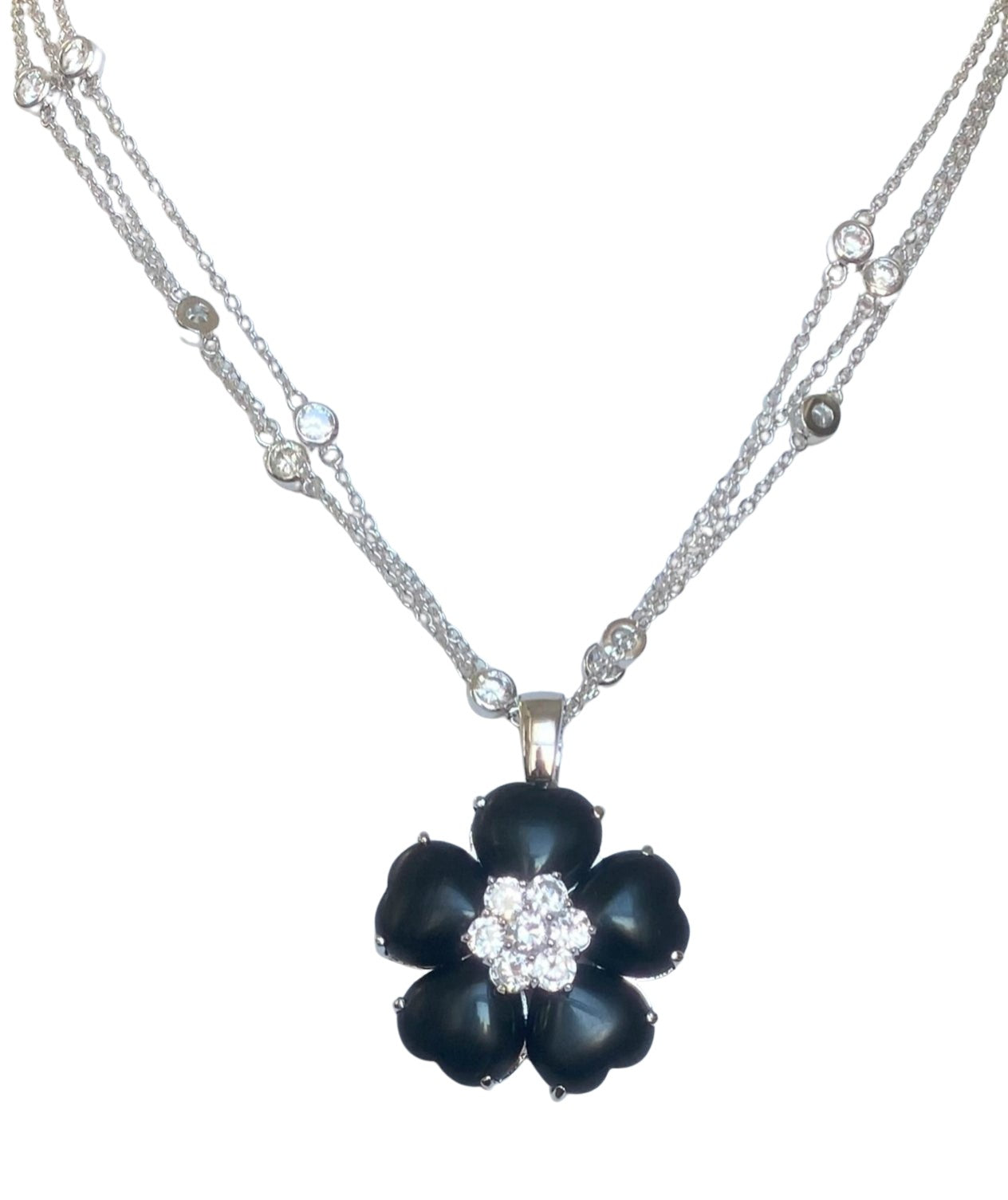 Zirconite Cubic Zirconia w/Cat's Eye Heart Flower Necklace. 626P20011