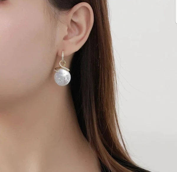 Genuine Fresh water Pearl Coin Zirconite Earrings. 810E12