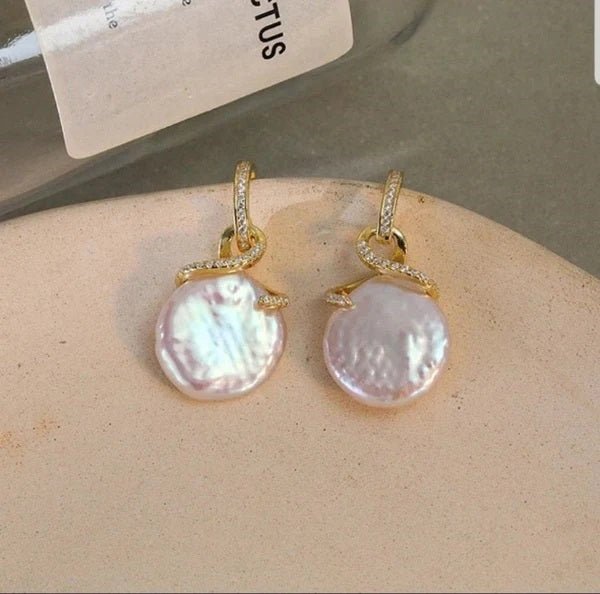 Genuine Fresh water Pearl Coin Zirconite Earrings. 810E12