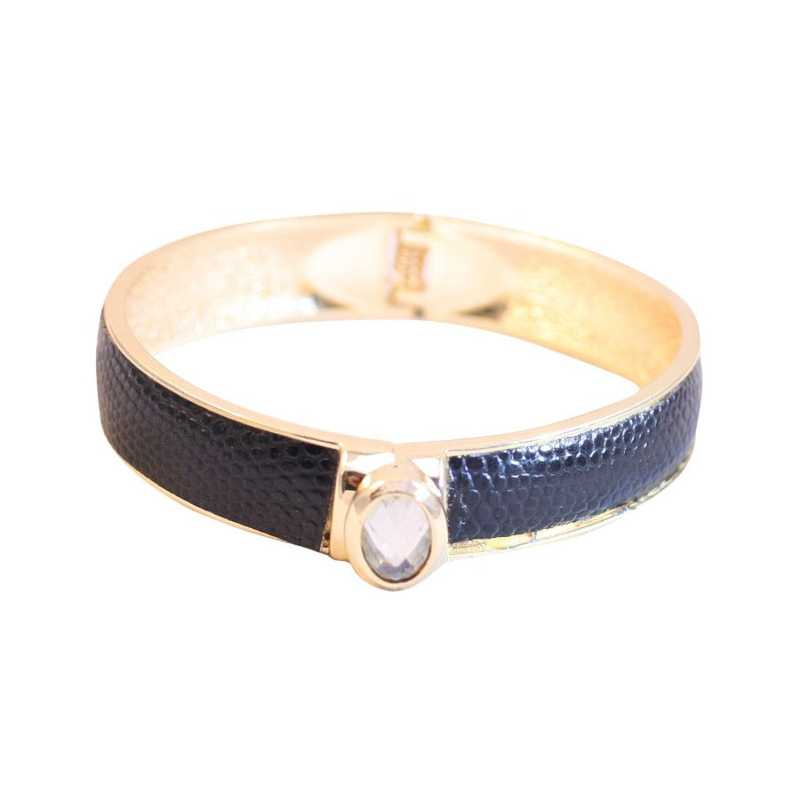 Zirconite Oval jeweled leather hinged Bracelet Bangle. 629B82033