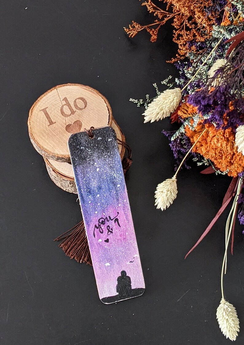 Love Themed Wood Bookmark, Hand Painted Couple and Galaxy Night Sky, Romantic Reading Accessory, Anniversary Gift