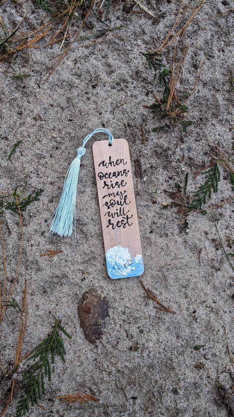 Bible Verse Wooden Bookmark - Hand Painted Ocean Wave Design, Inspirational Reading Accessory, Thoughtful Christian Gift