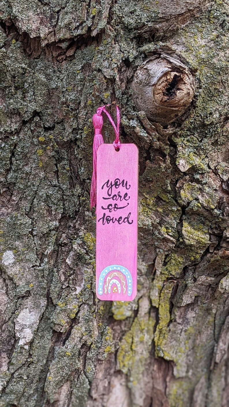 You Are So Loved Wooden Bookmark - Hand Painted Pink with Rainbow, Inspirational Reading Accessory, Perfect Valentine's Day Gift