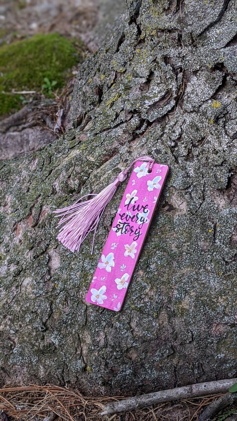 Wooden Bookmark Hand Painted with Vibrant Pink Floral Design, Inspirational