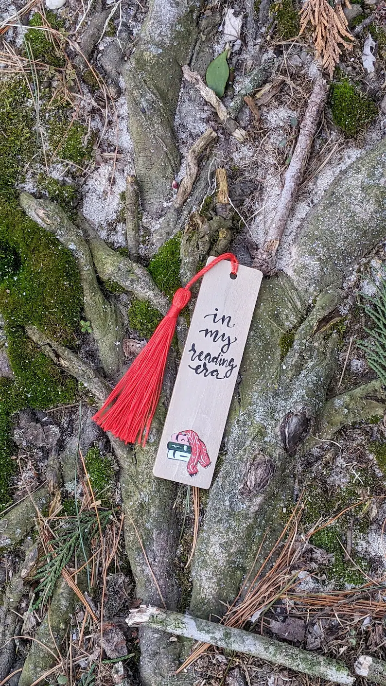 In My Reading Era - Hand Painted Wooden Bookmark - Stack of Books with Red Scarf - Unique Book Lover Gift