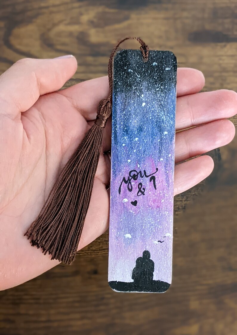 Love Themed Wood Bookmark, Hand Painted Couple and Galaxy Night Sky, Romantic Reading Accessory, Anniversary Gift