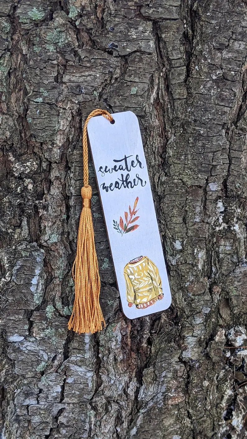 Sweater Weather Wooden Bookmark - Autumn Themed, Hand painted with Cozy Illustration, Ideal for Fall and Reading Enthusiasts