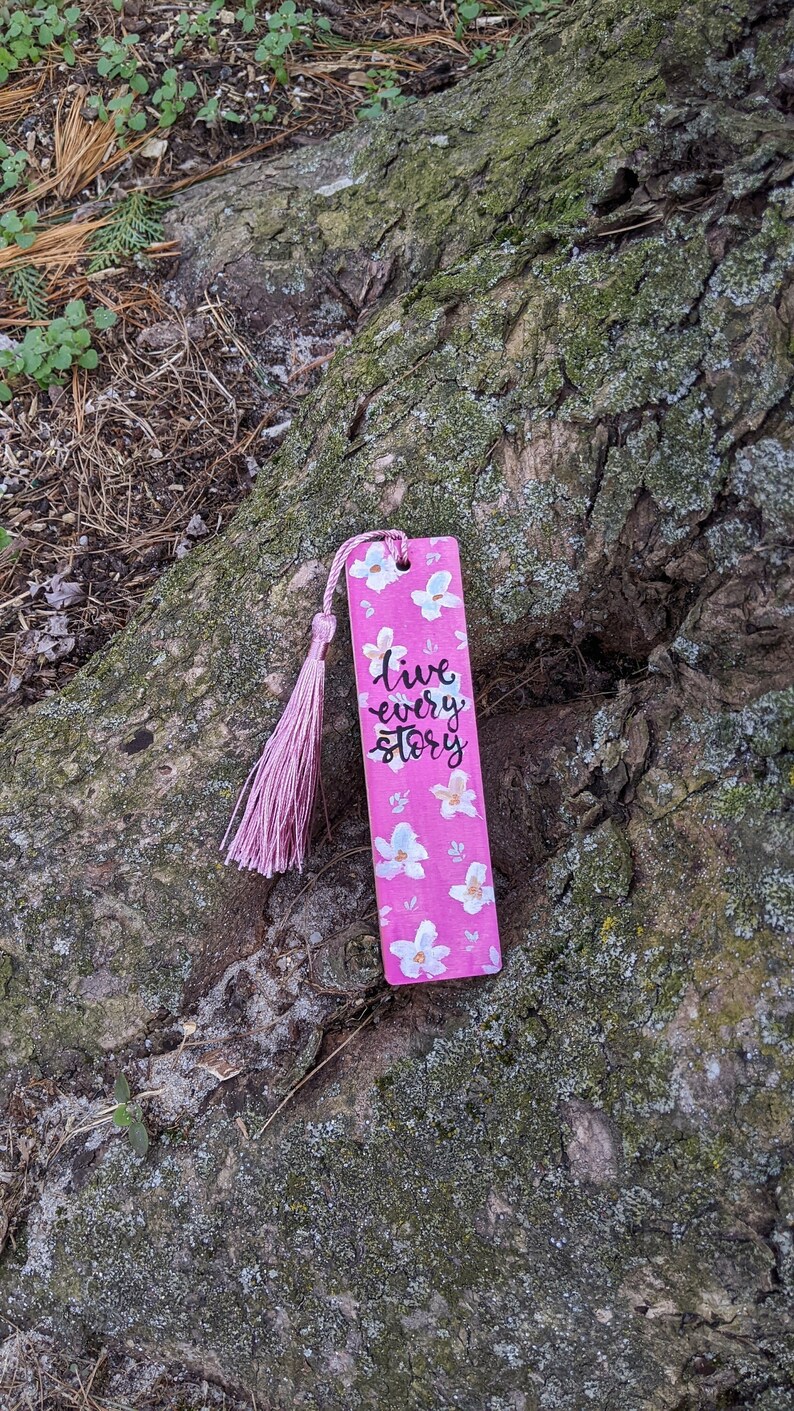 Wooden Bookmark Hand Painted with Vibrant Pink Floral Design, Inspirational