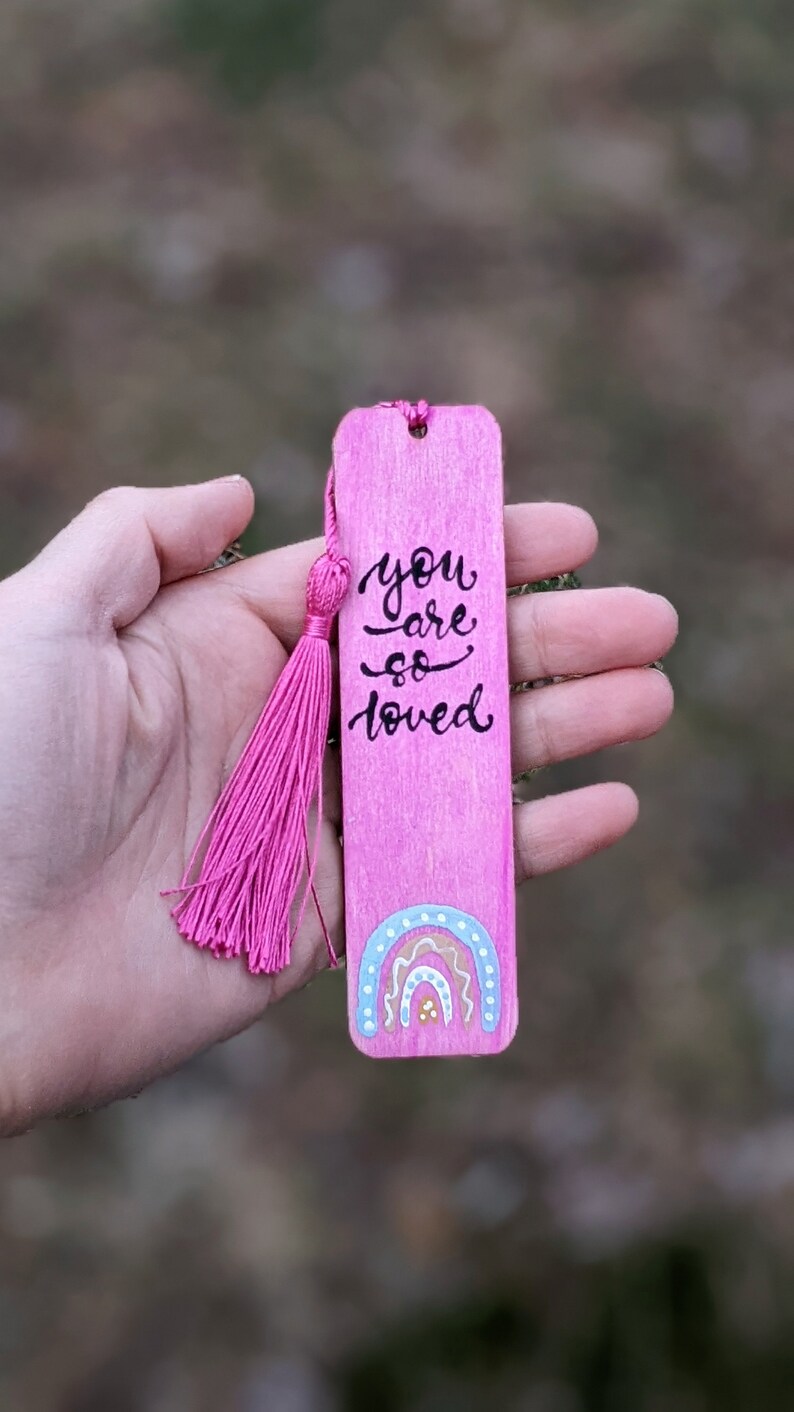 You Are So Loved Wooden Bookmark - Hand Painted Pink with Rainbow, Inspirational Reading Accessory, Perfect Valentine's Day Gift