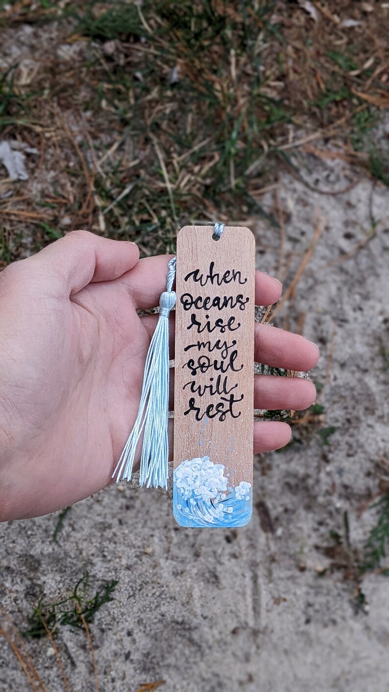 Bible Verse Wooden Bookmark - Hand Painted Ocean Wave Design, Inspirational Reading Accessory, Thoughtful Christian Gift