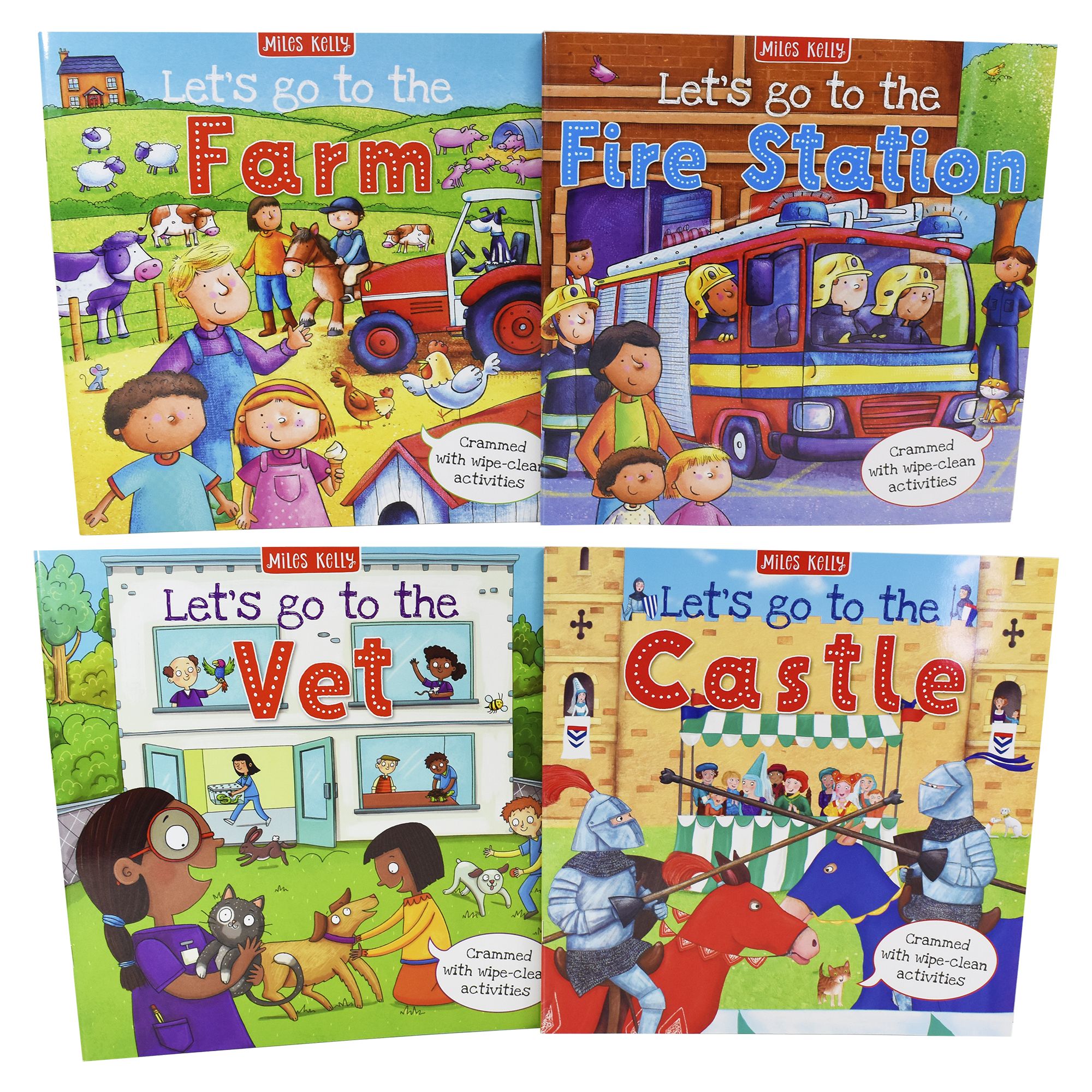 Let's Go to the Wipe Clean Collection Set 4 Books - Fire Station, Castle, Farm, Vet - Ages 5-7 - Miles Kelly