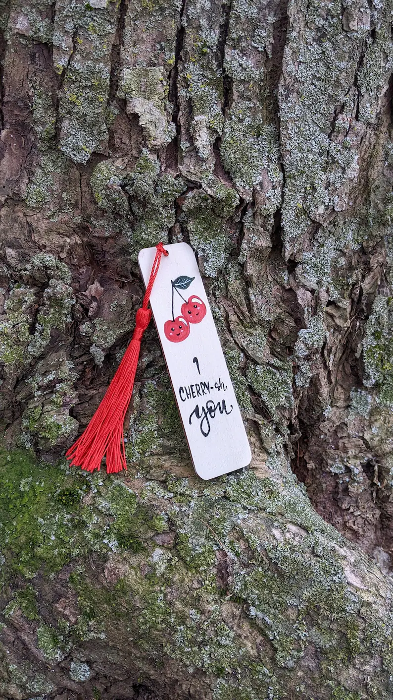 Cherry Themed Wooden Bookmark Hand Painted - I Cherry-ish You Pun - Unique Gift for Readers and Book Lovers, Couples or Friends