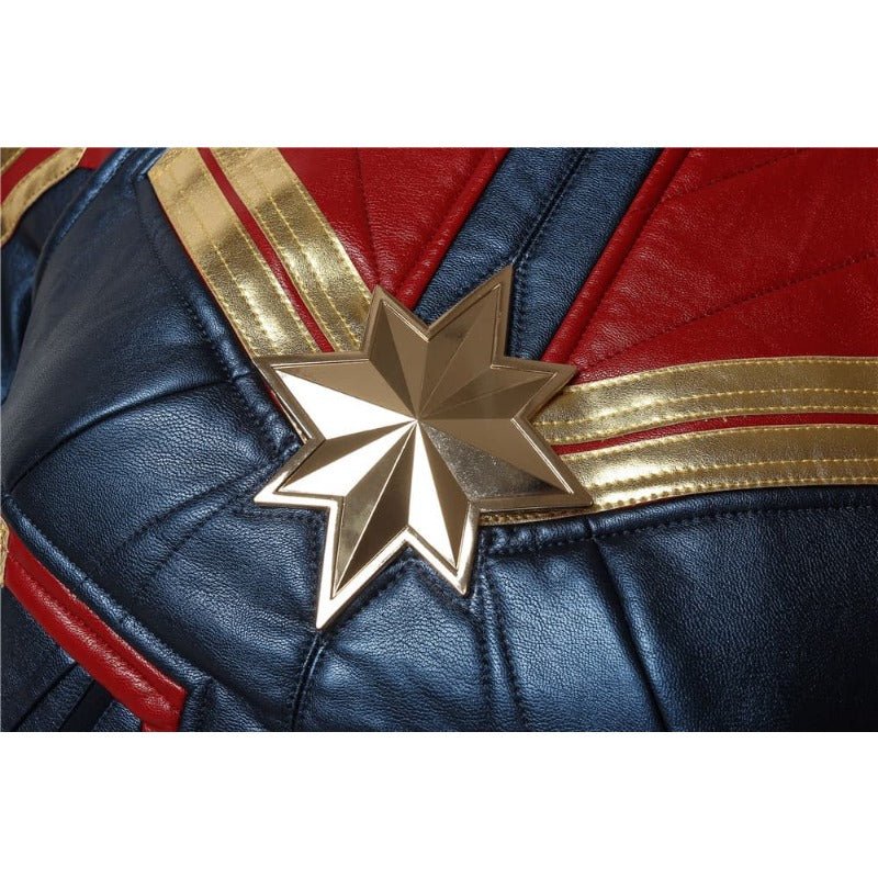 Costume Cosplay Captain Marvel Bleu Métallique Cuir PU – Parfait pour les Fans de Marvel