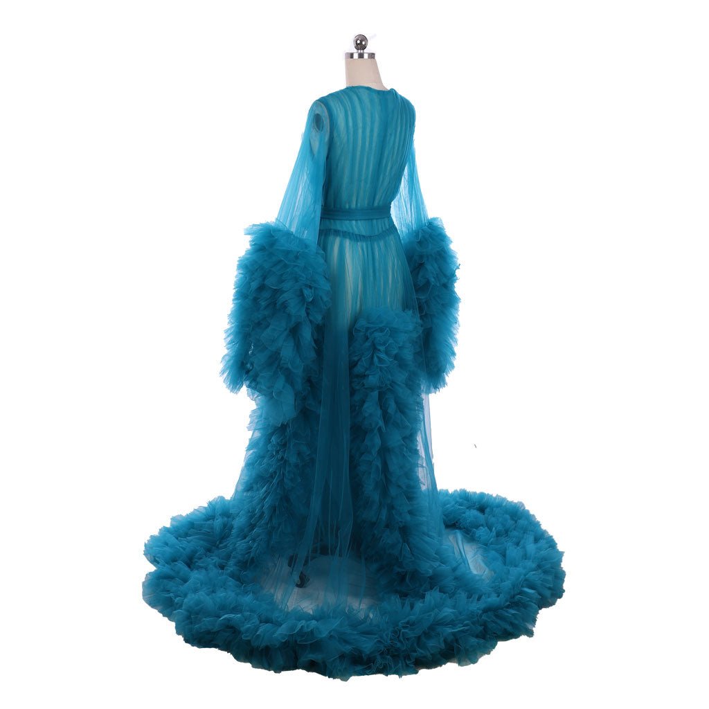 Robe de Mariée Boudoir Élégante | Costume Long en Tulle Bleu Illusion du 18e Siècle Médiéval pour Femmes