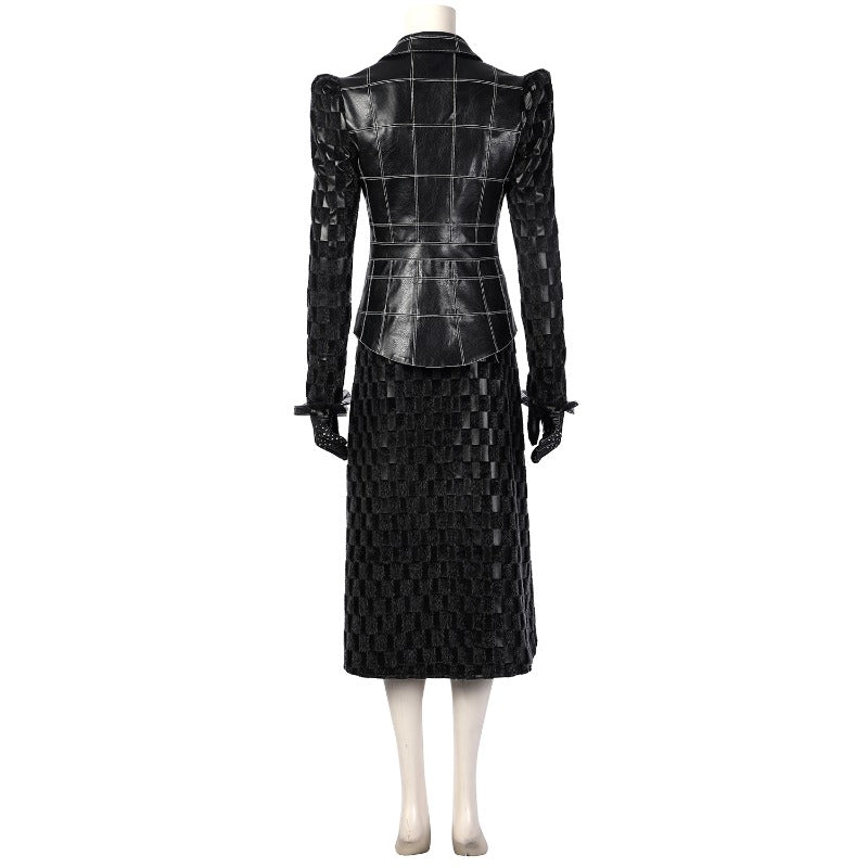 Costume Cruella Deville Robe Femme avec Veste en Cuir Noir et Perruque pour Halloween