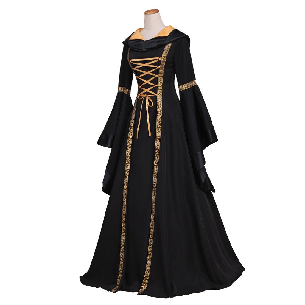 Robe longue gothique médiévale Renaissance à capuche noire pour femmes - Costumes de bal d'Halloween sur mesure