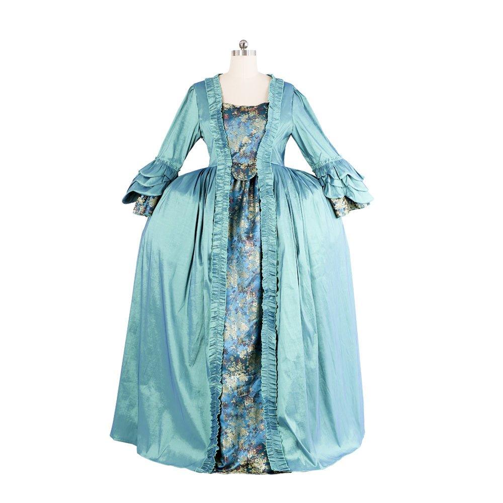 Robe Rococo Bleue du 18ème Siècle - Brocart Bleu Foncé avec Broderie et Dentelle