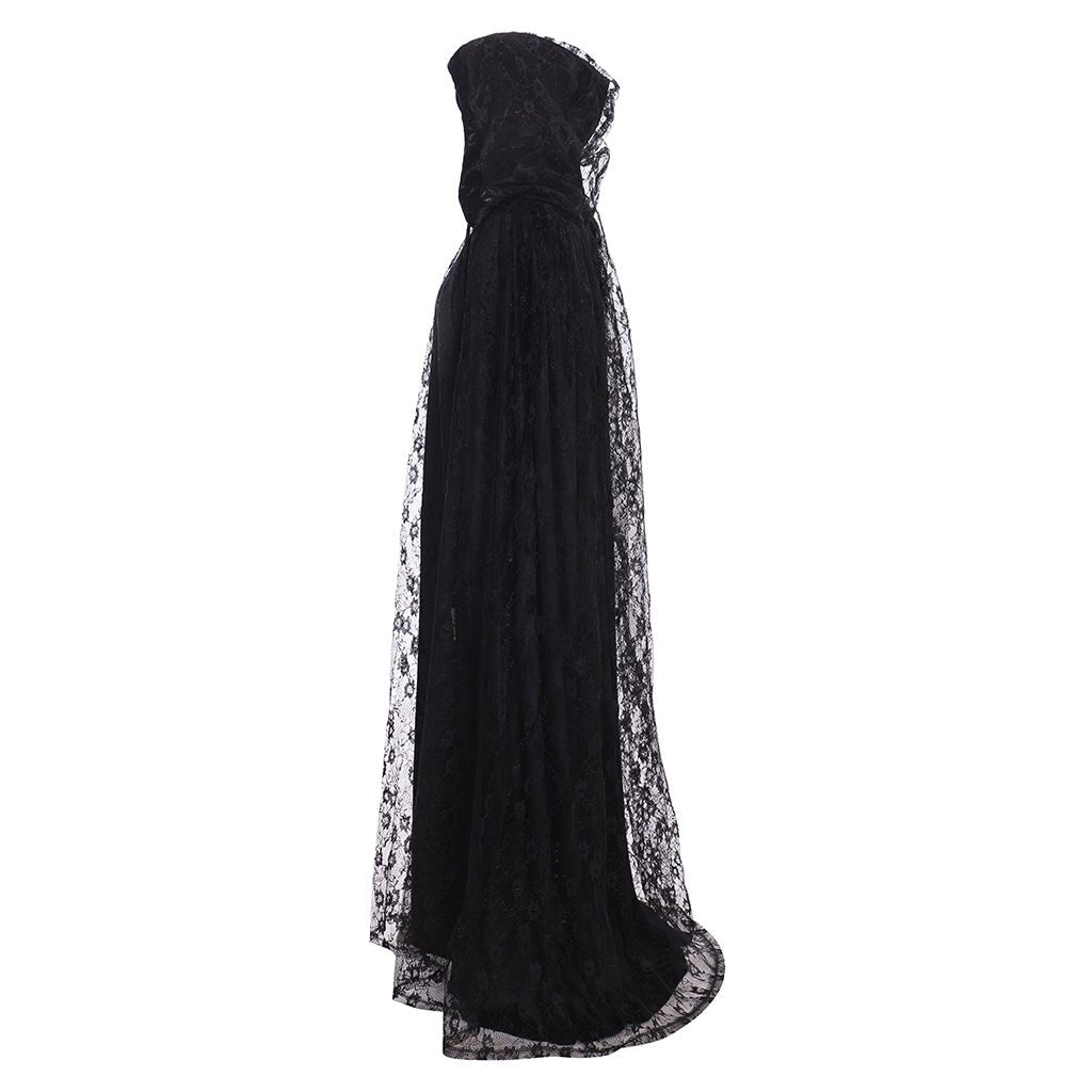 Cape Longue Femme Capuche Steampunk Cape de Sorcière Noir Dentelle Long Manteau Prêtresse Costume Halloween