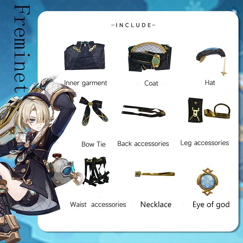 Costume Cosplay Genshin Impact Fontaine Freminet Uniforme de Magicien avec Chapeau pour Femmes