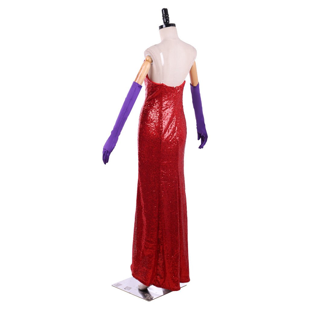 Robe Cosplay Jessica Rabbit Rouge Pailletée avec Fente Haute et Gants Violets