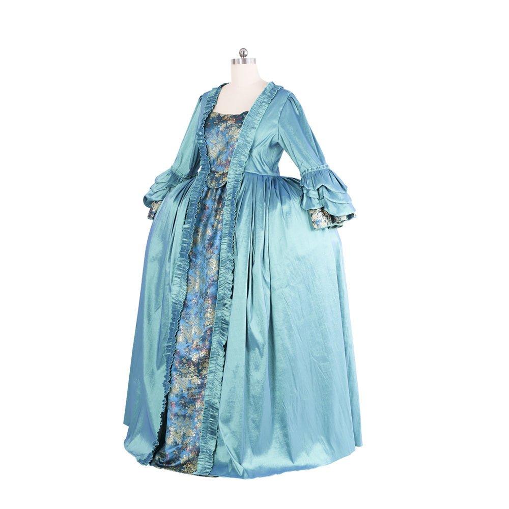 Robe Rococo Bleue du 18ème Siècle - Brocart Bleu Foncé avec Broderie et Dentelle