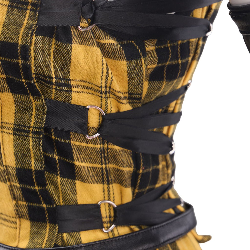 Robe Longue Punk Rock Femme Jaune à Carreaux avec Manches en Cuir
