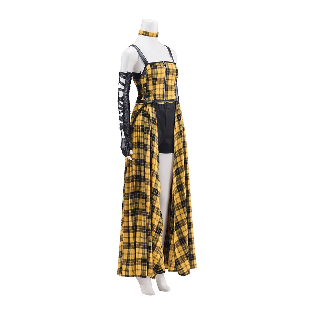 Robe Longue Punk Rock Femme Jaune à Carreaux avec Manches en Cuir