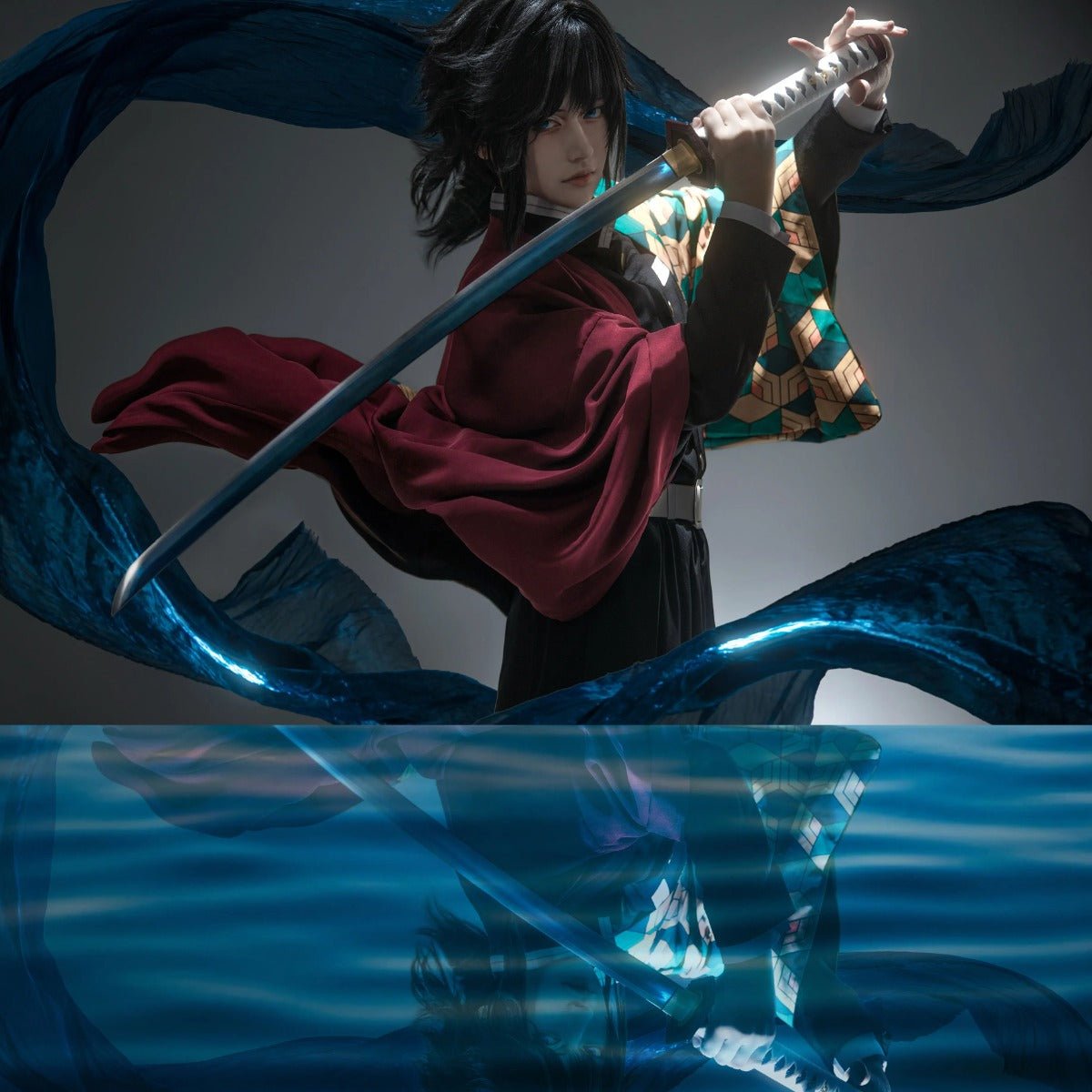 Costume Cosplay Tomioka Giyuu Demon Slayer Haori Perruque Pantalon Accessoires pour Halloween Noël