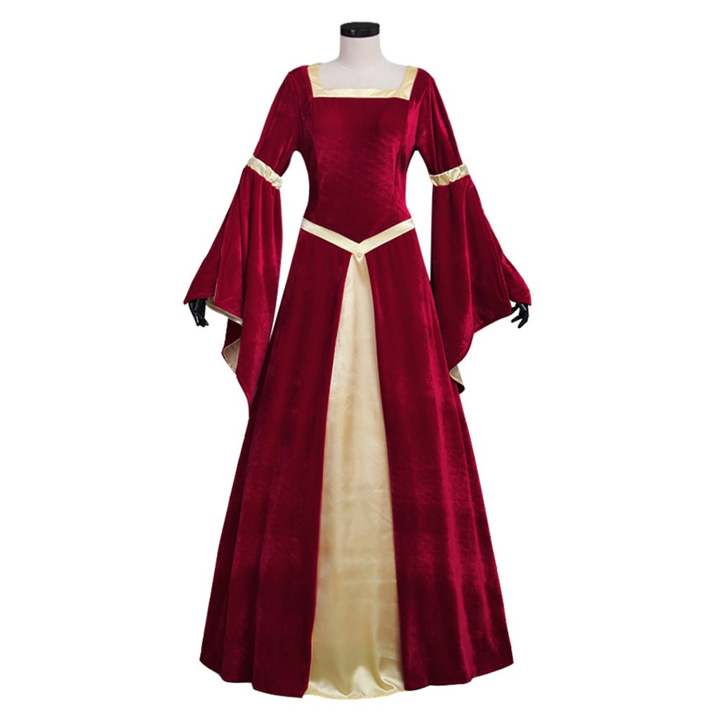 Robe Médiévale en Velours Rouge Foncé Doublée de Jaune avec Manches Trompette pour Femmes | Robe de Mariée, Costume de Fête d'Halloween