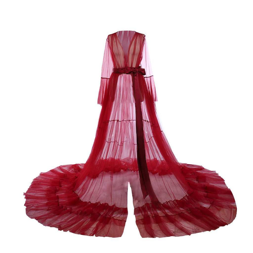 Robe de Mariée Boudoir Médiévale 18ème Siècle Rouge en Tulle Transparent Costume pour Femme